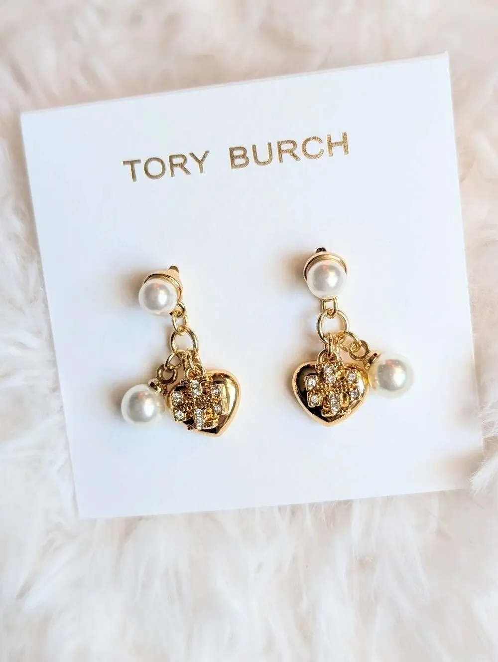 TORY BURCH Pearl Gold Heart Pave Logo Drop Dangle Earrings